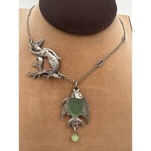 Rare Mary DeMarco Necklace Angel Fish Mermaid Etched Glass  Green 20" Chain Vtg